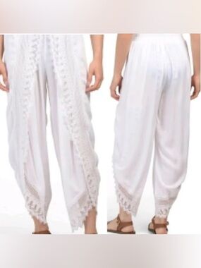 Japna White Lace-Trim Cropped Pants